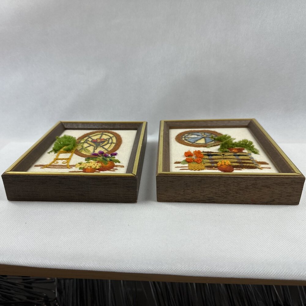 Vintage Framed Sunset Crewel Needlepoint Wall Decor.  Set of 2. - Picture 2 of 8